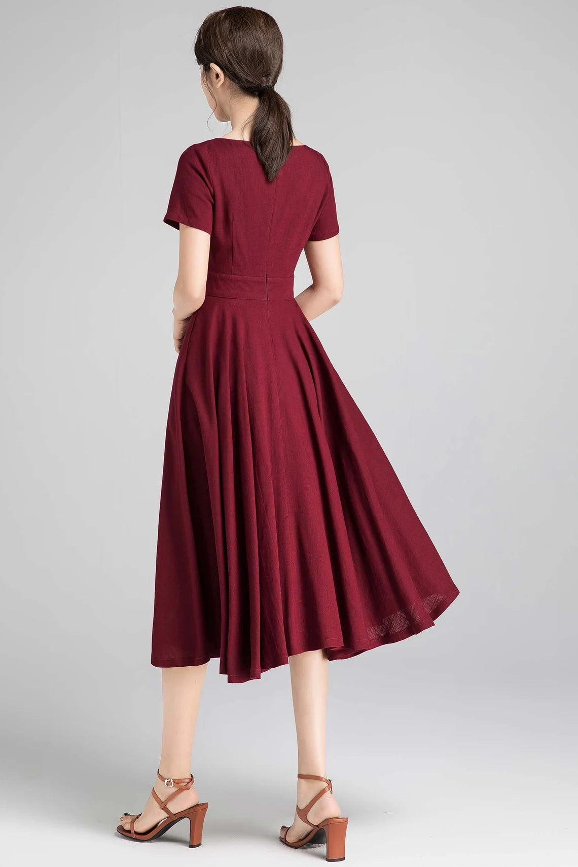 Burgundy Boat Neck Dress With Pockets Short Sleeve Party Dress A-Line Mother of the Bride Dress