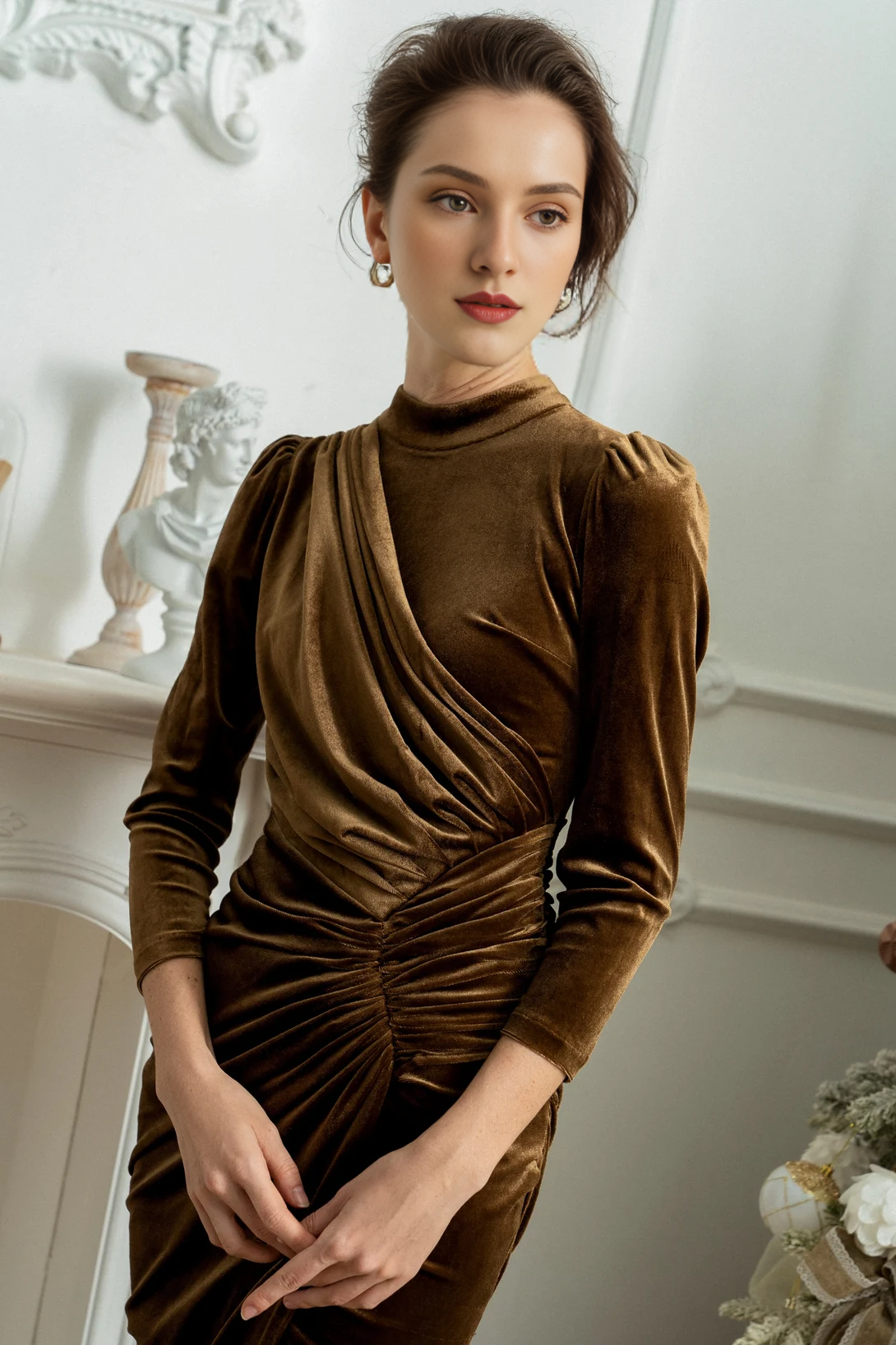 Asymmetric Gathered Waist Velvet Dress Mother Of The Bride Dress Winter Cocktail Dress