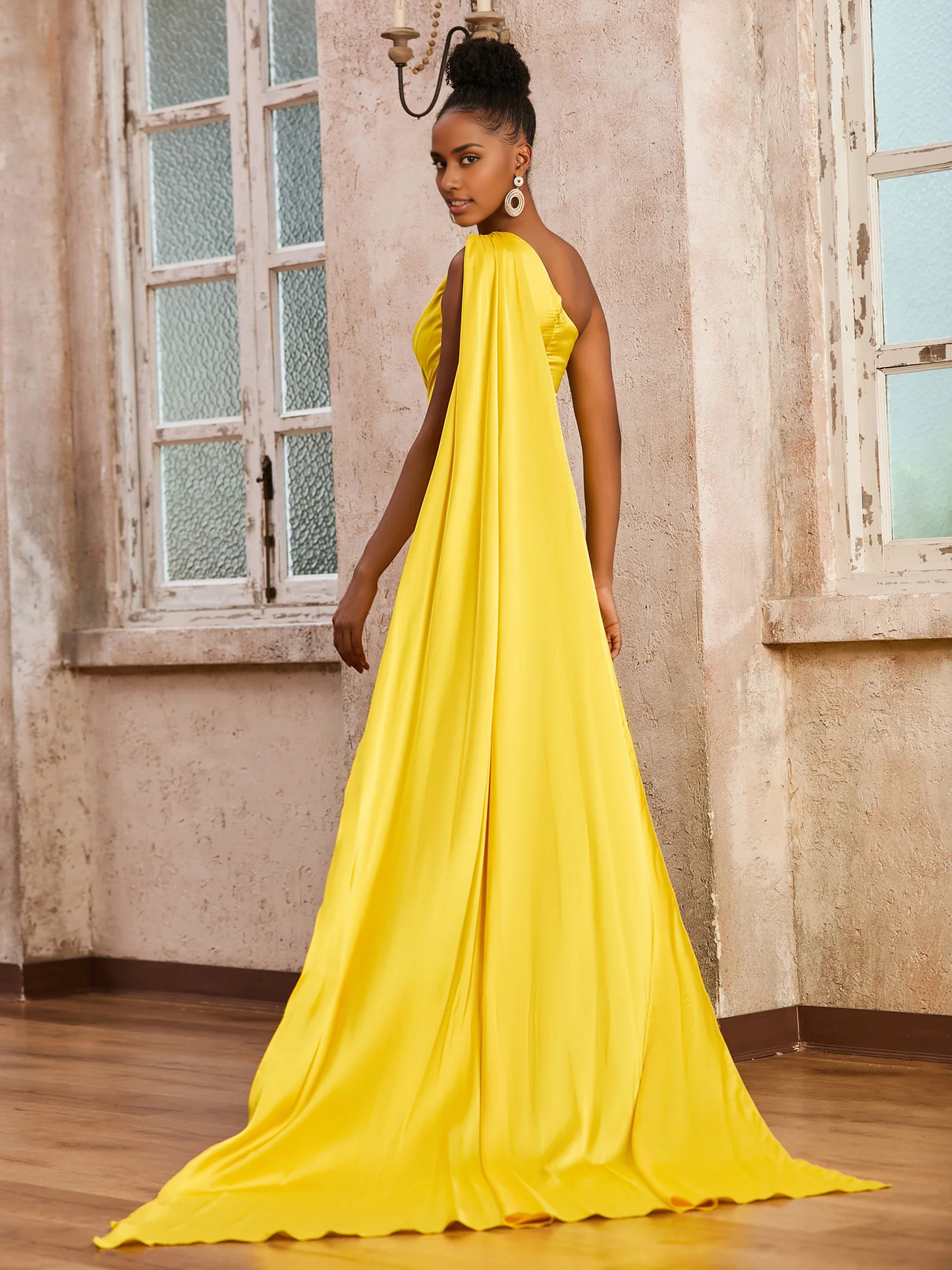One Shoulder Sleeveless Long Dress With Ribbons Marigold Prom Dress Wedding Guest Party Dresses