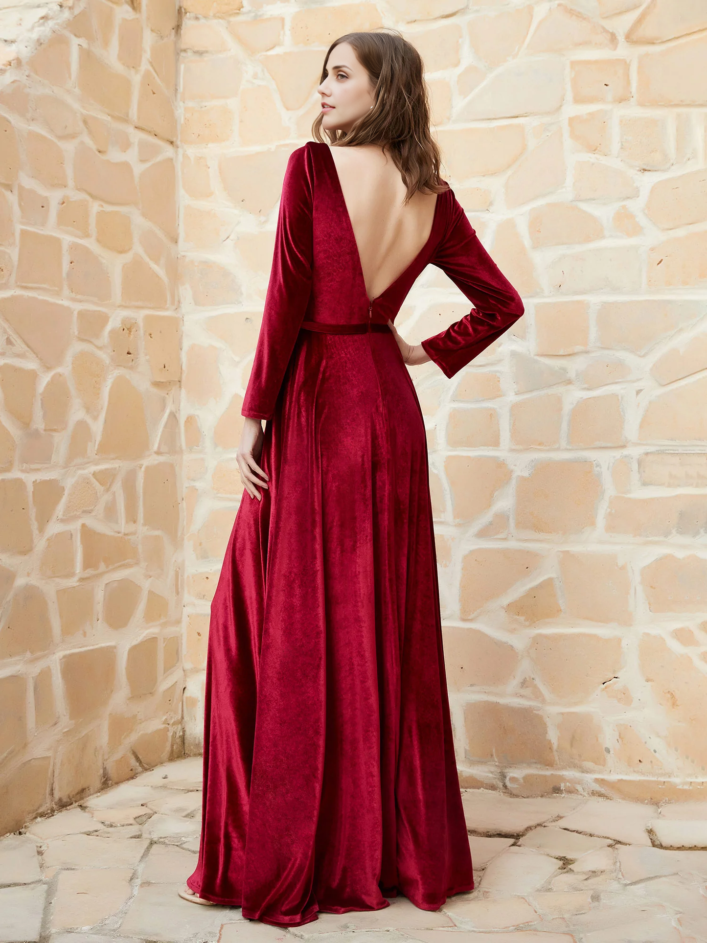 Long Sleeves Plunging V-Neck Velvet Dress Floor-length Bridesmaid Dresses With Slit Burgundy