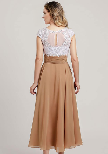 Chiffon Mother of the Bride Dress A-line/Princess V Neck Short Sleeve Tea-Length With Lace