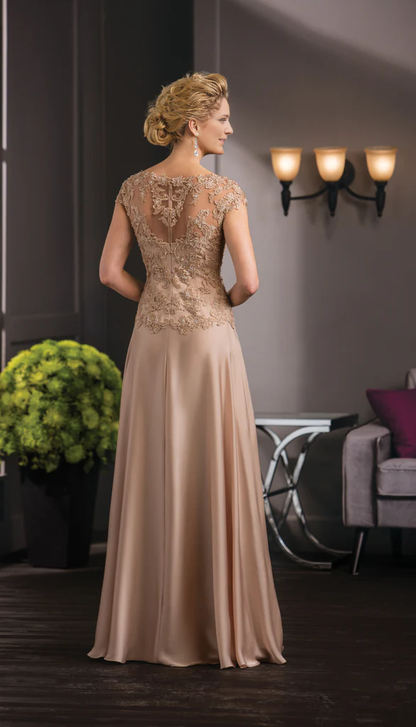 A-Line V-Neck Lace Satin Long Mother of the Bride Dresse