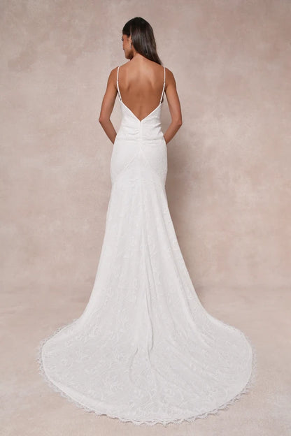 White Lace V-Neck Trumpet Hem Maxi Dress Chapel Train Wedding Dress