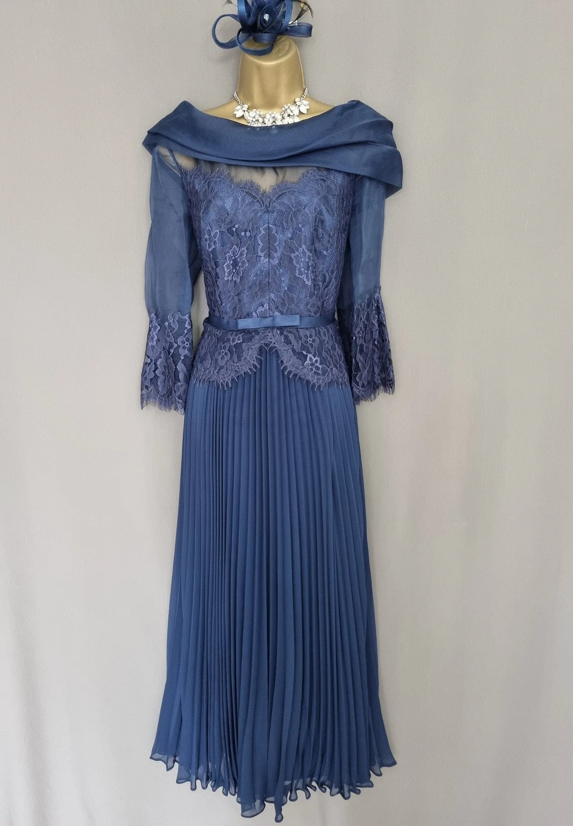 Navy A-Line Embellished LaceTea length Pleated Mother of the Bride Dresse
