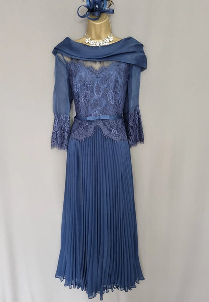 Navy A-Line Embellished LaceTea length Pleated Mother of the Bride Dresse
