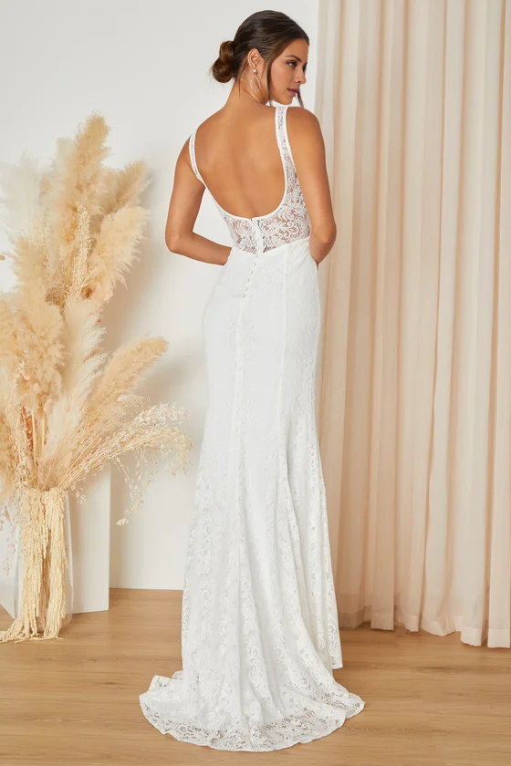 White Lace Sleeveless Backless Maxi Dress V-Neck Wedding Dresses
