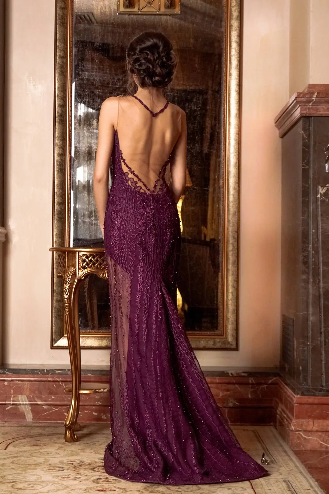 Purple Mother Of The Bride Dress Formal Dress Evening Dress Beaded Lace Long Train Sheath Dress