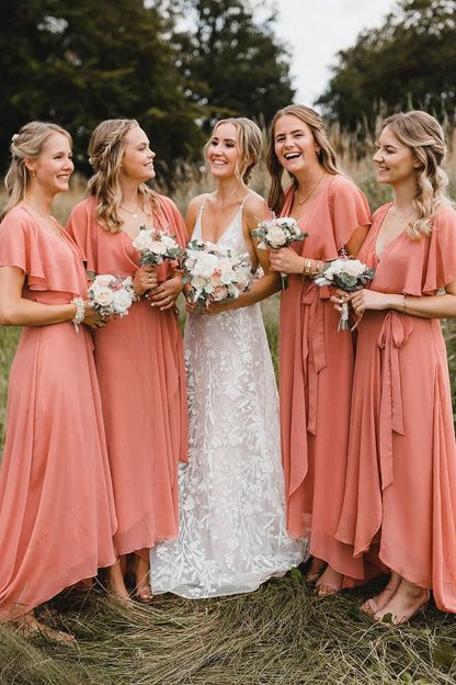 Simple A-Line Coral Chiffon Long Bridesmaid Dresses