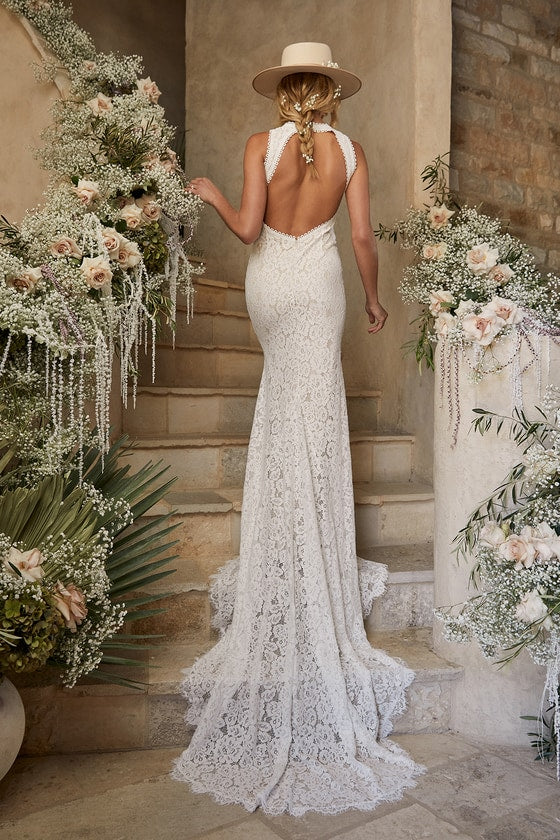 White Floral Lace Mermaid Backless Wedding Dresses Maxi Dress