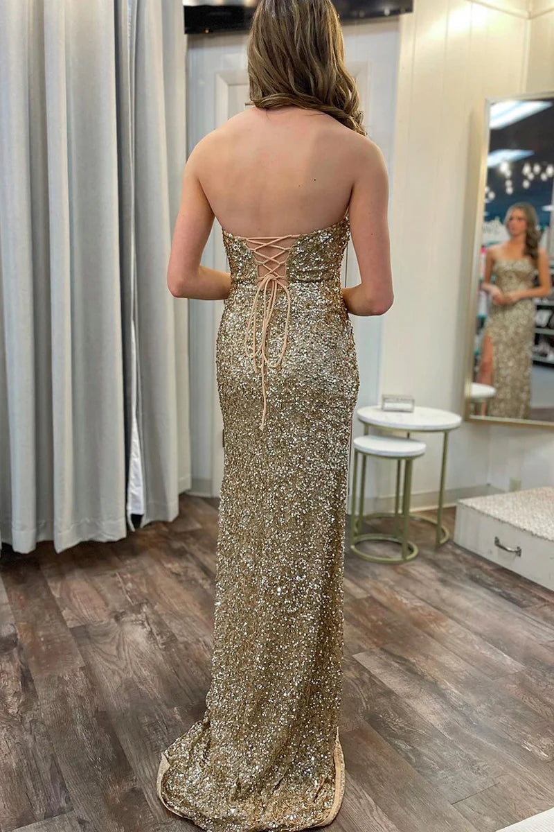 Gold Strapless Sequins Mermaid Prom Dresses with