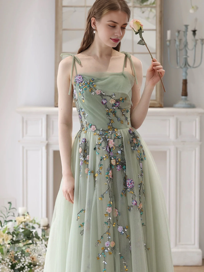 A-Line Princess Tulle Beads Green Long Prom Dress Formal Dress