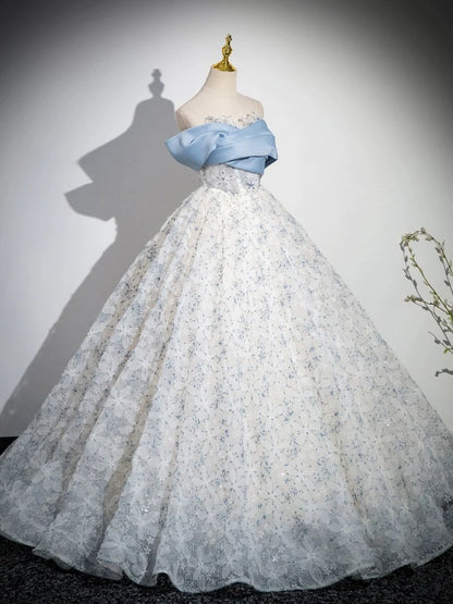 A-Line Off Shoulder Tulle Lace Blue Long Prom Dress Quinceanera Dress
