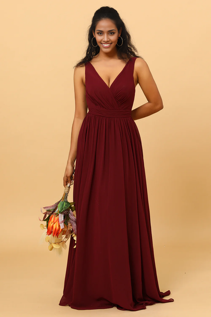 A-line V-Neck Chiffon Burgundy Bridesmaid Dress