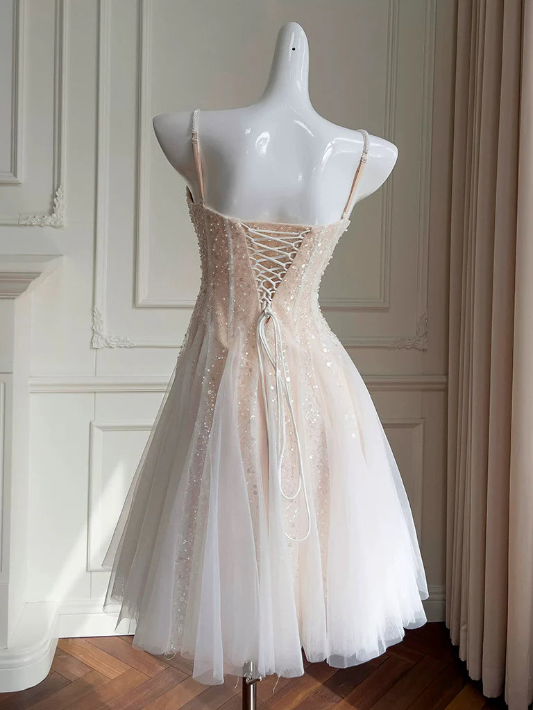 A-Line Princess Sweetheart Neck Tulle Sequin Light Champagne Short Prom Dress