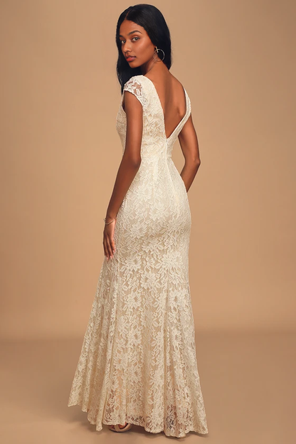 V-Neck Lace Short Sleeve Maxi Dress Mermaid Floor-length Wedding Dresses