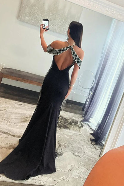 Black Halter Satin Mermaid Long Prom Dresses with Beading