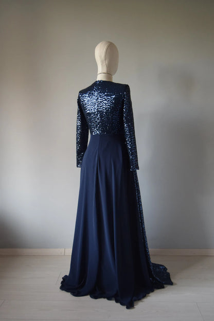 Chiffon Top Navy Blue Sequin Long Sleeve Floor Length Sequin Mother Of Bride Dress