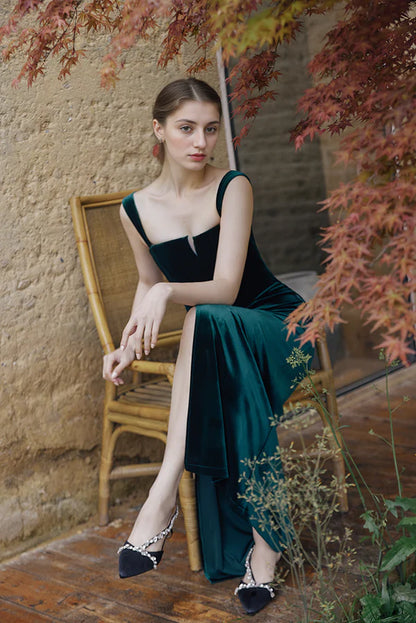 Vintage Spaghetti-straps square neckline long Velvet Dress Side Slit
