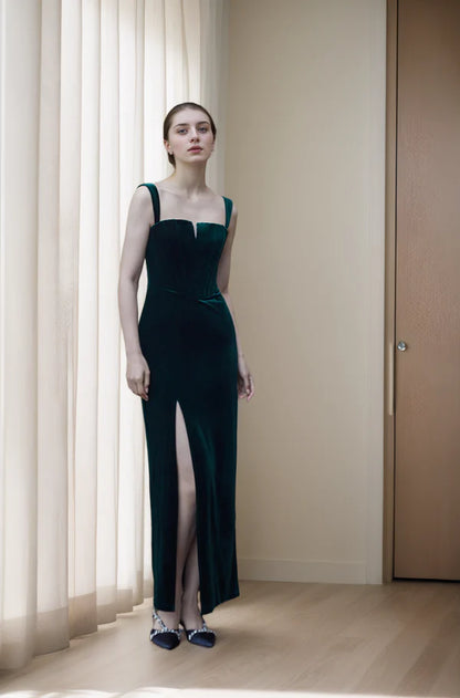 Vintage Spaghetti-straps square neckline long Velvet Dress Side Slit