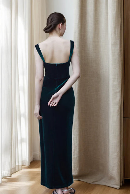 Vintage Spaghetti-straps square neckline long Velvet Dress Side Slit