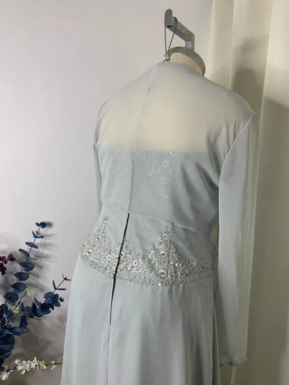 Gorgeous Ocean Gray Beaded Formal Gown Chiffon Mother of the Bride Dresse Long Sleeve Chiffon Dress