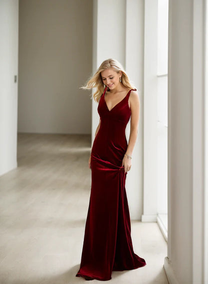 Spaghetti-straps beaded bow mermaid long Velvet Prom Dress