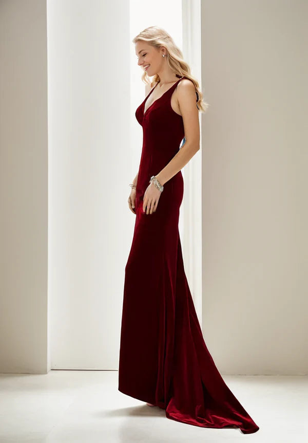 Spaghetti-straps beaded bow mermaid long Velvet Prom Dress