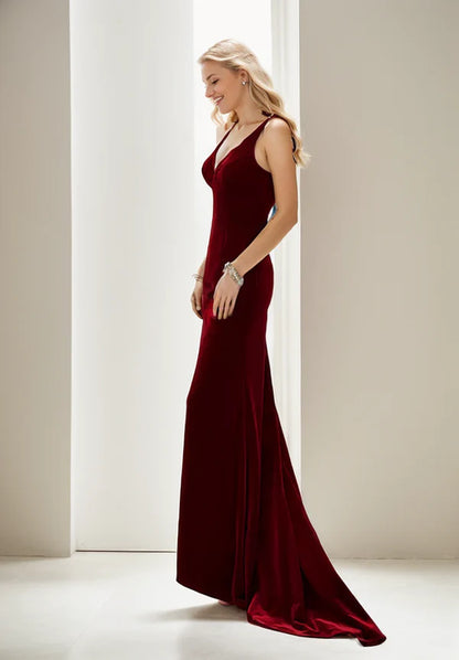 Spaghetti-straps beaded bow mermaid long Velvet Prom Dress