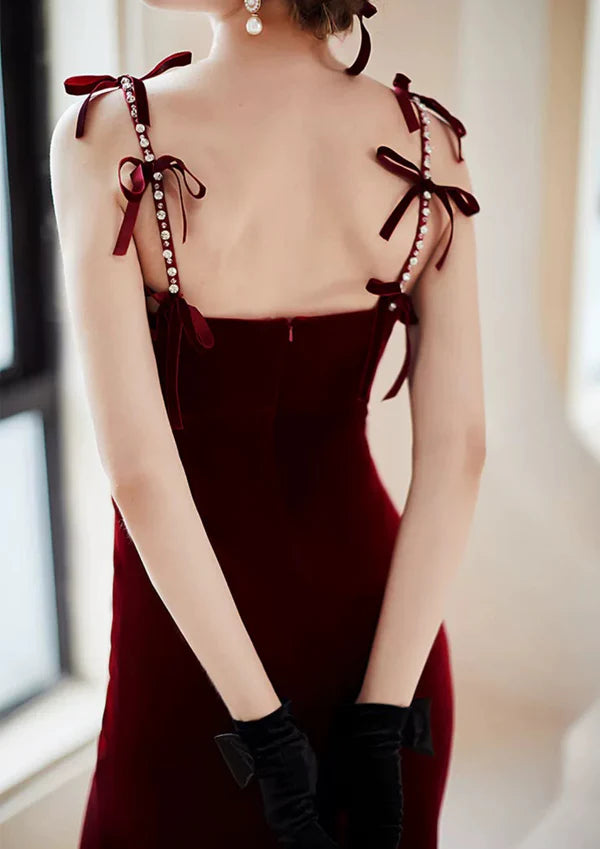 Spaghetti-straps beaded bow mermaid long Velvet Prom Dress