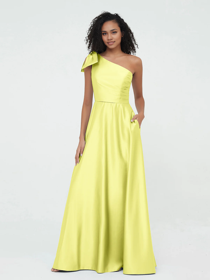 One-Shoulder A-Line Long Satin Dresses Bridesmaid Dress with Pockets-Royal Blue