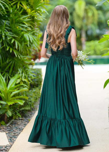 A-Line Princess Dark Green Long Satin Dress Simple Bridesmaid Dress Wedding Guest Dress Maxi Dress
