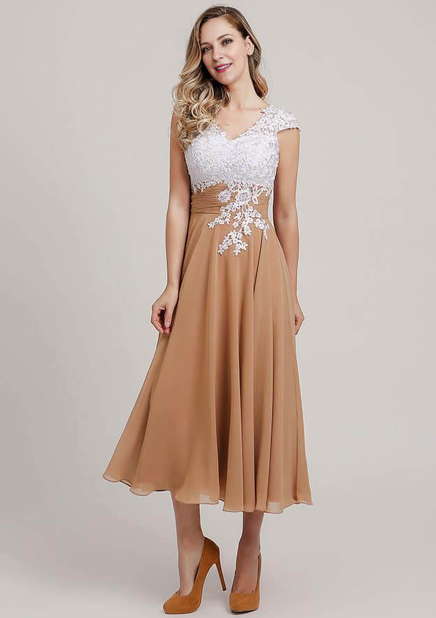 Chiffon Mother of the Bride Dress A-line/Princess V Neck Short Sleeve Tea-Length With Lace