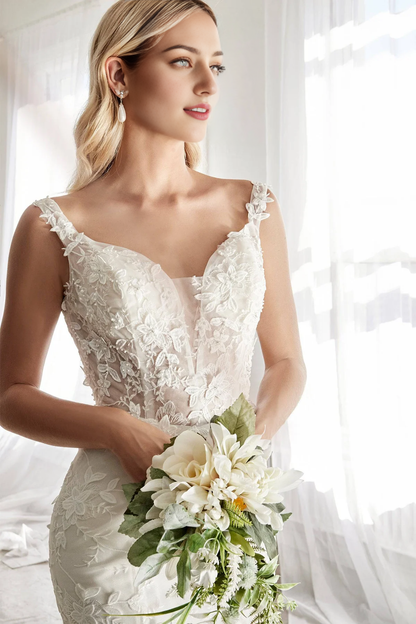 Stunning Wedding Dress Gown Sweep Train Dress with Deep Neckline Floral Accents