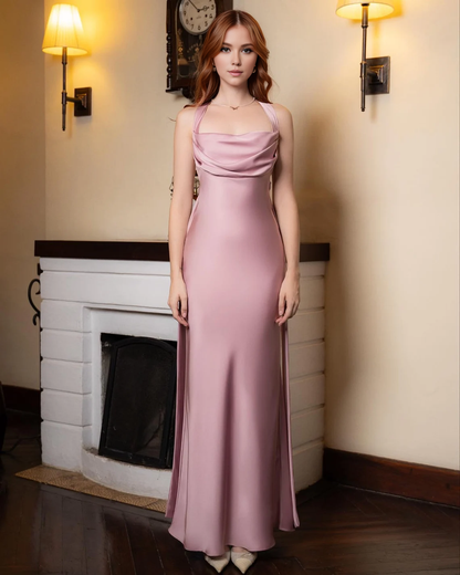 Cross Back Silk Open Back Dress Maxi Dress Wedding Guest Dress Draped Front Dress