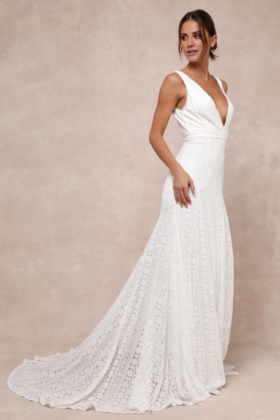 Ivory Lace Sleeveless Backless Trumpet Maxi Dress Deep V-Neck Chapel Train Wedding Dress
