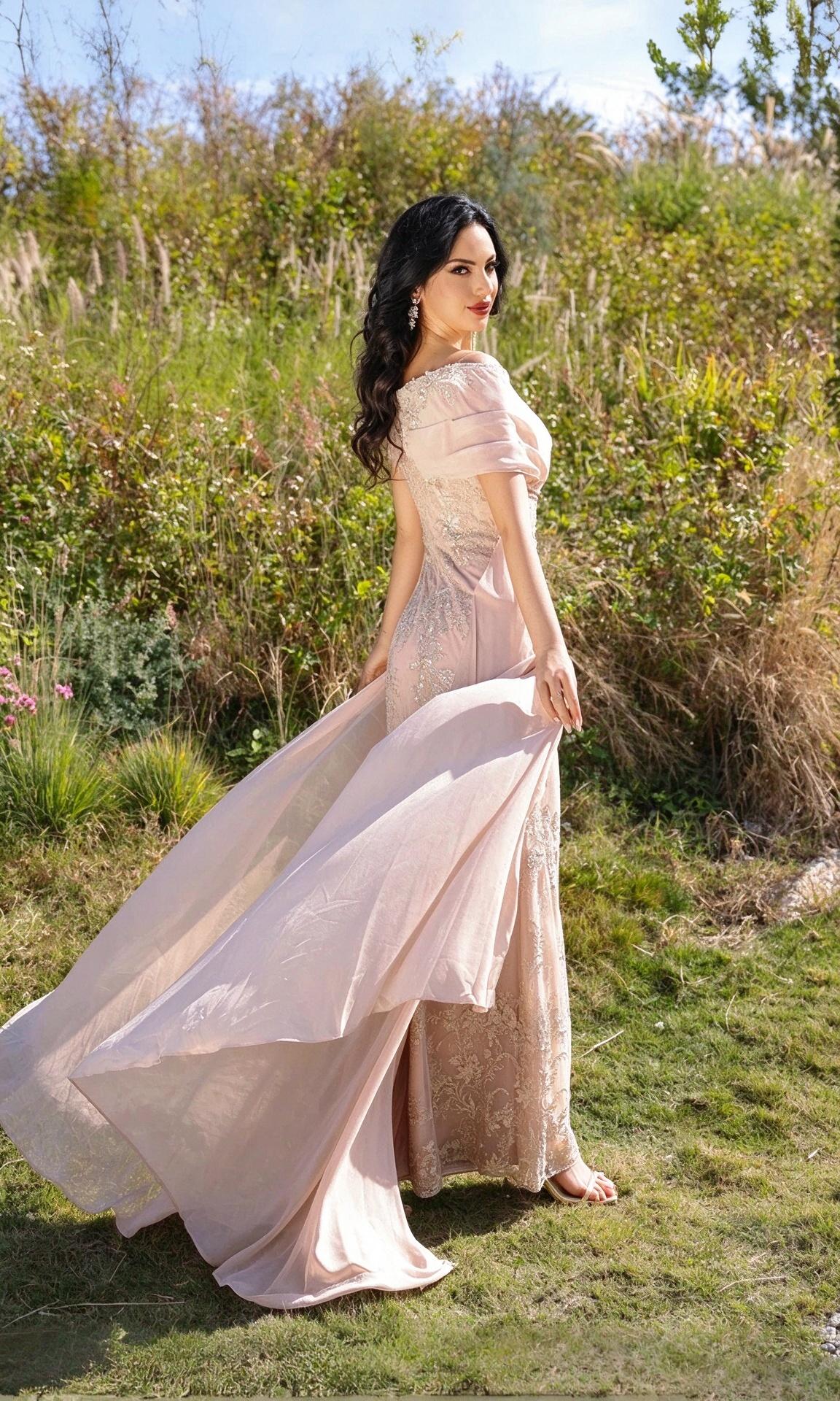 Elegant A-Line Off-Shoulder Beaded Draped Champagne Gold Floor-Length Mother of the Bride Gown