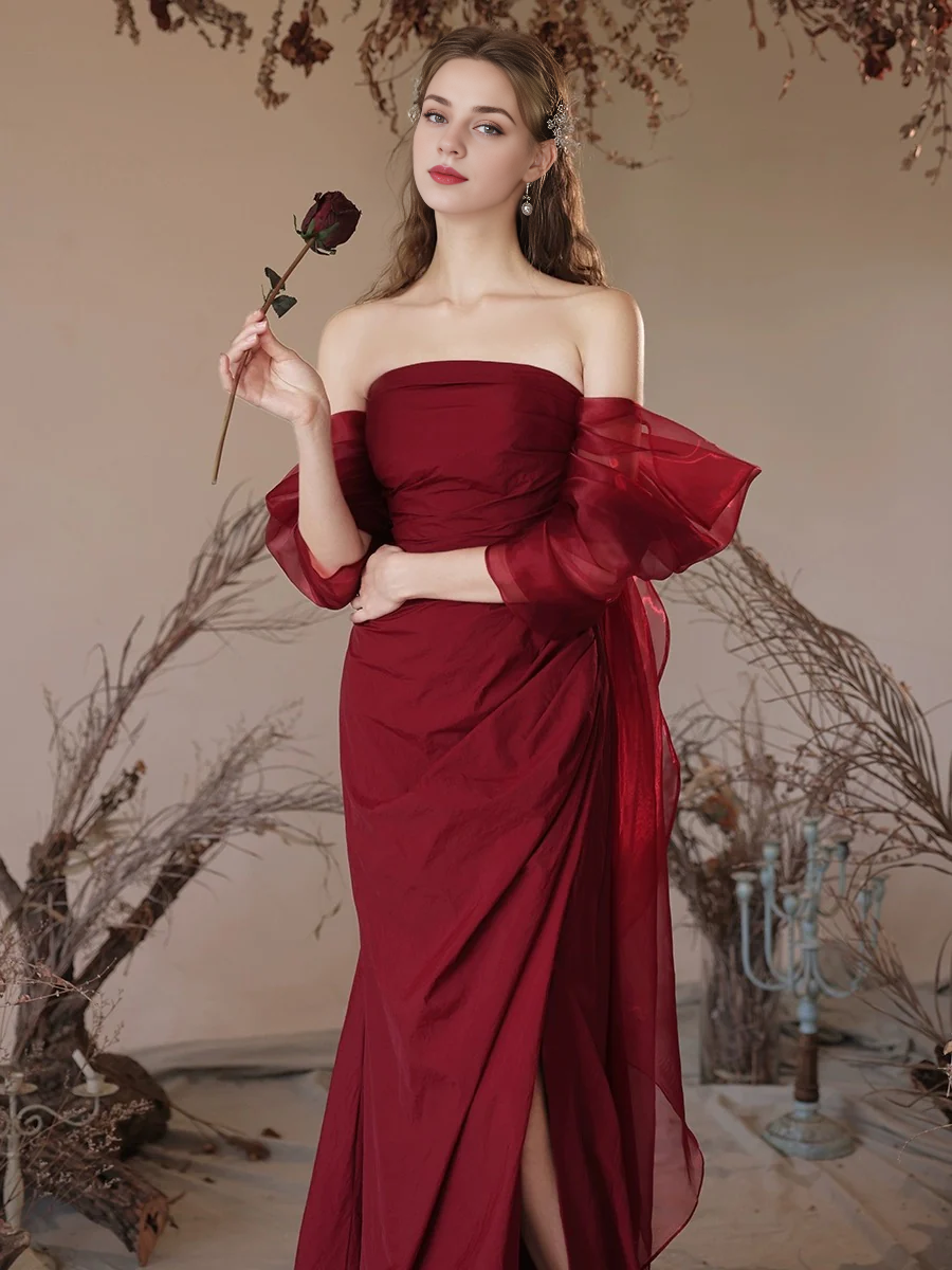 Simple Off Shoulder Satin Burgundy Long Floor-length Prom Dress Evening Dress