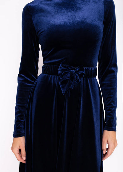 Navy Blue Velvet Dress With Belt Christmas Velvet Long Sleeves Bridesmaid Dress Wedding Guest Dress Party Dress