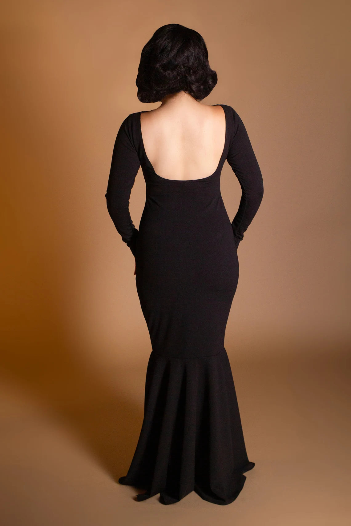 Black Boat Neck Dress Backless Long Sleeve Mermaid Dress Sleek Wedding Guest Dress