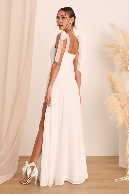 Romance White Tie-Strap Maxi Dress A-Line Long Simple Wedding Dresses With Slit