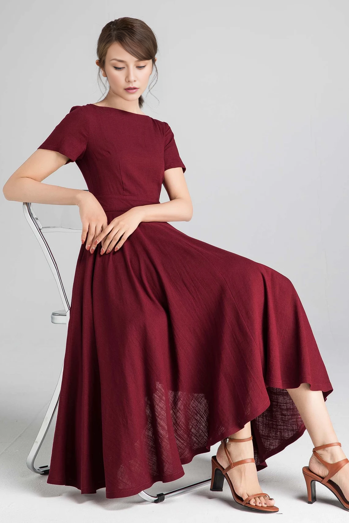 Burgundy Boat Neck Dress With Pockets Short Sleeve Party Dress A-Line Mother of the Bride Dress