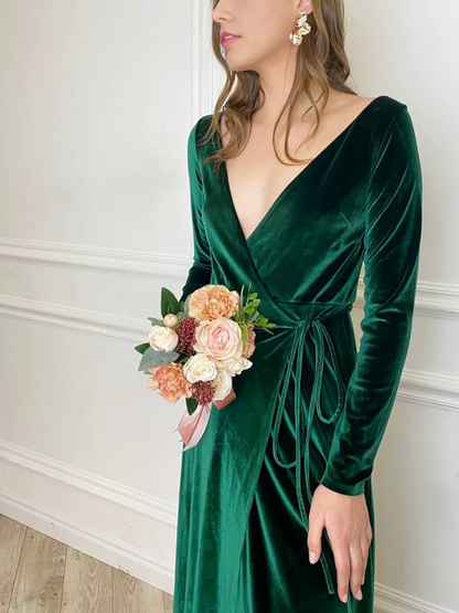 Velvet Bridesmaid Dress Mother of the Bride Long Sleeve V Neck Evening Dress