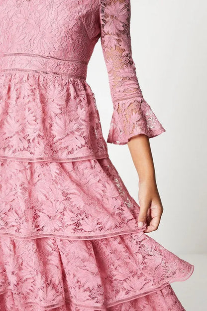 A-Line V-Neck Layered Lace Dress With Ruffle Sleeve Wedding Guest Dresses Cocktail Dresses