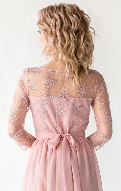 Blush Long Dress With Lace Formal Chiffon Wedding Party Gown Floor Length Flowy Mother of the Bride Dresse