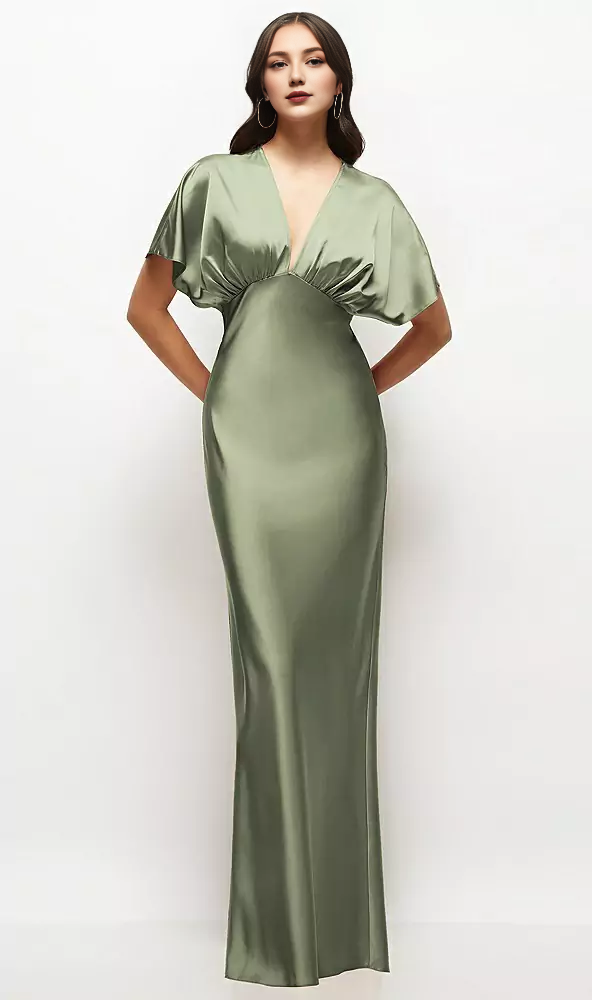 Plunge Neck Kimono Sleeve Satin Bias Maxi Dress Long Bridesmaid Dresse   Koutun Dress