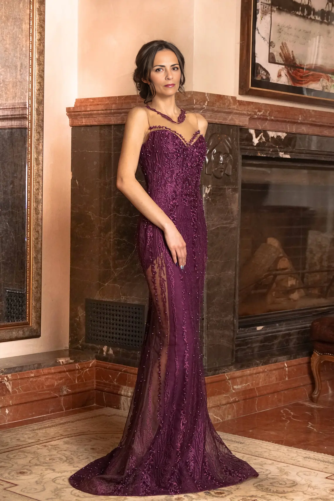 Purple Mother Of The Bride Dress Formal Dress Evening Dress Beaded Lace Long Train Sheath Dress
