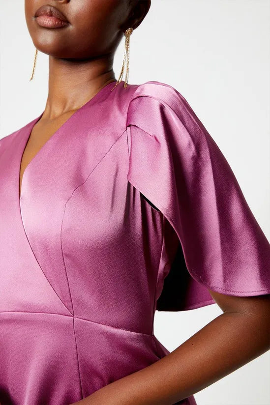 Dark Pink Pleat Satin Detail Cape Sleeve Midi Dress Wedding Guest Dresses