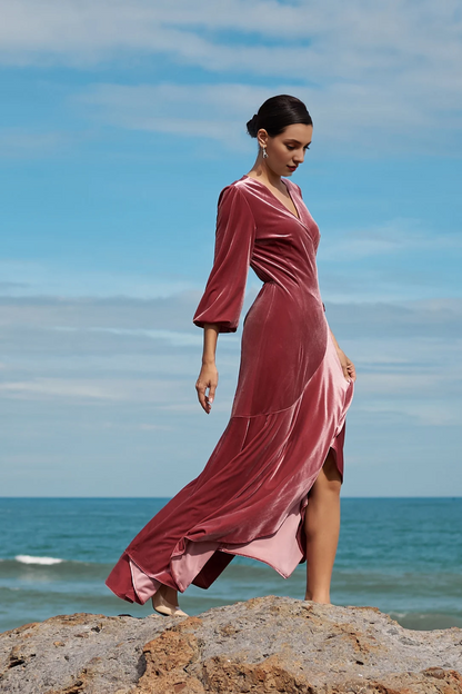 Rose Wrap Long Sleeves Velvet Mother Of The Bride Dress Long Wedding Guest Dress