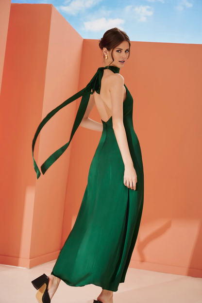 Emerald Olive Bridesmaids Dress Silk Halter Neck Party Dress Wedding Guest Dress