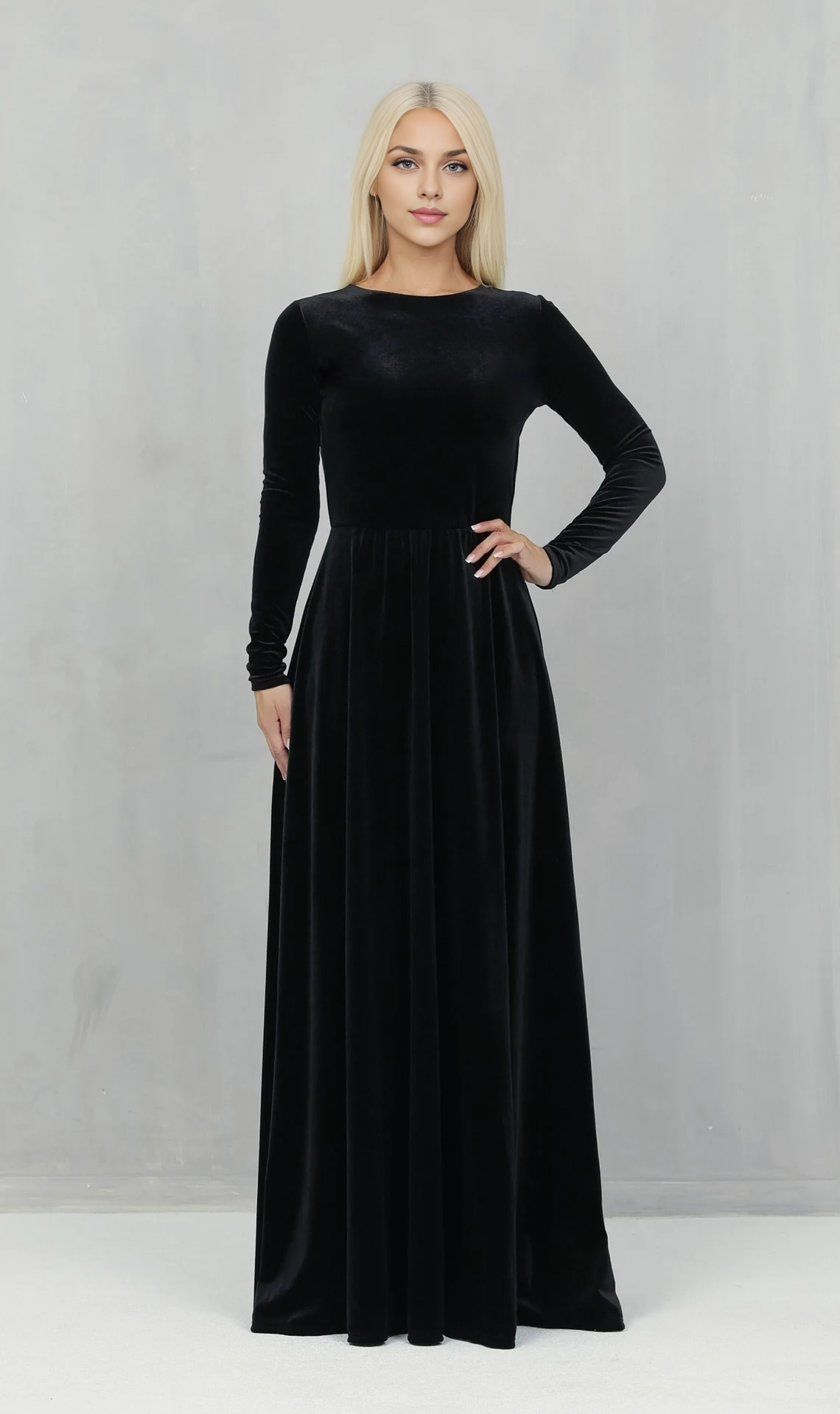 Black Velvet Bridesmaid Dress Long Sleeve Floor-length Maxi Dress Wedding Guest Dress